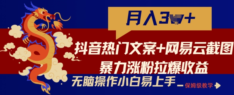 抖音热门文案+网易云截图暴力涨粉拉爆收益玩法，小白无脑操作，简单易上手-CAA8.COM网创项目网