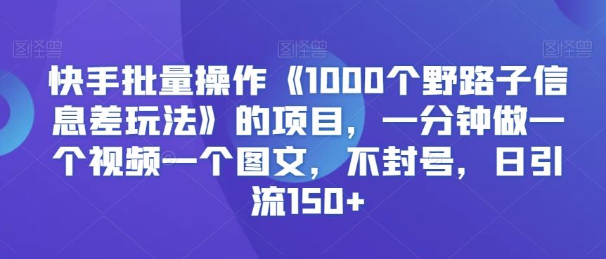 快手批量操作《1000个野路子信息差玩法》的项目，一分钟做一个视频一个图文，不封号，日引流150+【揭秘】-CAA8.COM网创项目网